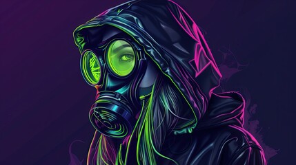 A girl in neon green gas mask and black hoodie, digital art style, dark background