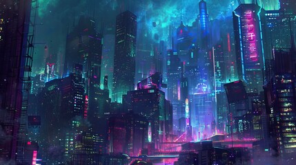 A futuristic cityscape at night, with neon lights and towering skyscrapers.