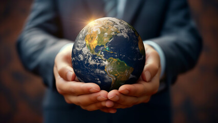 Close-up of a globe nestled in the hand of a sharply dressed businessman symbolizes the delicate...