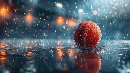 A highly detailed image of a cricket ball coated in water droplets bouncing on a wet cricket pitch, highlighted by the beams of floodlights, creating a dramatic and energetic atmosphere in the rain