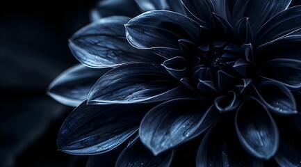 A blue dahlia flower with its petals, macro photography with a black background, closeup, a dark color scheme, copy space, banner style, dark