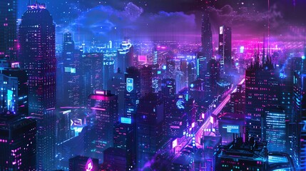 A futuristic cityscape at night, illuminated neon lights and holographic billboards