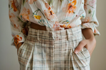  detailed view of floral printed shirt and tweed skirt, ideal for spring and autumn fashion styles