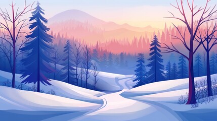 A flat illustration of a snowy winter landscape with pine trees and mountains in the background