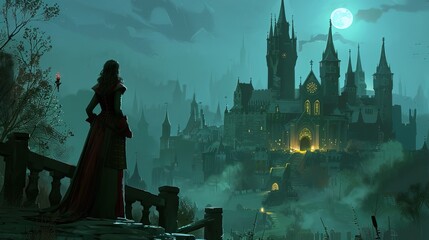 A female vampire lord overlooking her gothic castle at night
