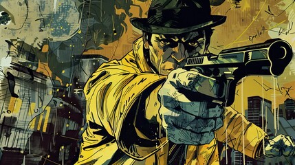 A detective in a yellow trench coat and fedora, aiming with his gun, surrounded by a cityscape