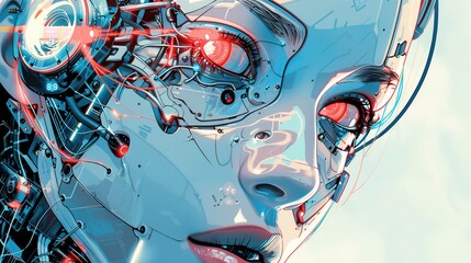 A closeup illustration of the face and neck area of an attractive female cyborg with robotic features