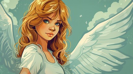 A cartoon illustration of an angel with blonde hair and blue eyes wearing white wings