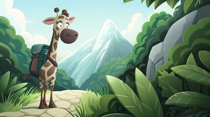 A cartoon giraffe with a backpack, standing on a path in a jungle and mountain background.