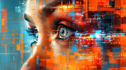 A beautiful woman's face is reflected in the digital screen, surrounded by colorful data and technological elements.