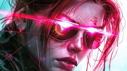 A beautiful woman with long hair, wearing sunglasses and pink laser beams in her eyes, in the cyberpunk style