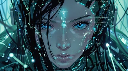 A beautiful woman with black hair and blue eyes, tech elements on her face, in the cyberpunk anime style