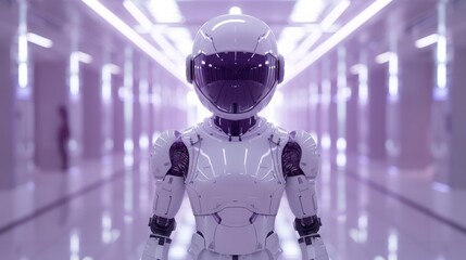 A friendly looking full body very detailed humanoid staring into the camera while waiting in an empty room to start working for a company. 