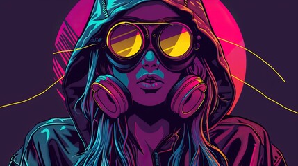 A beautiful girl with headphones and a hooded jacket in the style of cyberpunk