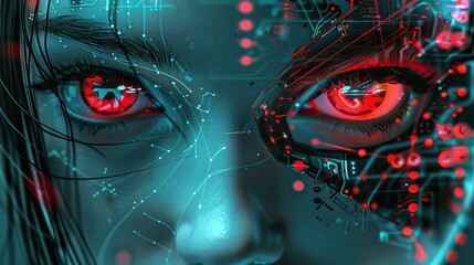 A beautiful cyberpunk girl with red eyes and circuitry on her face