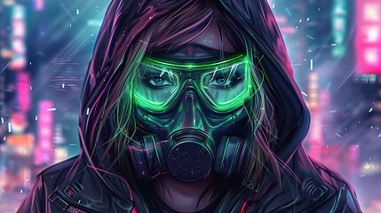 A beautiful girl with green neon eyes in the cyberpunk style wearing a futuristic gas mask