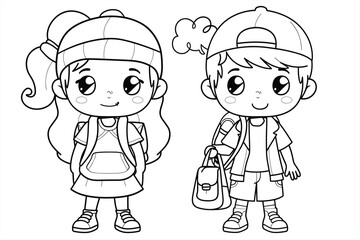 Coloring Pages with cute girls and boys Characters, Coloring book, happy children set.