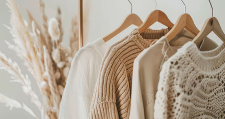 display of neutral summer clothes on hangers, soft tones for a minimalist wardrobe