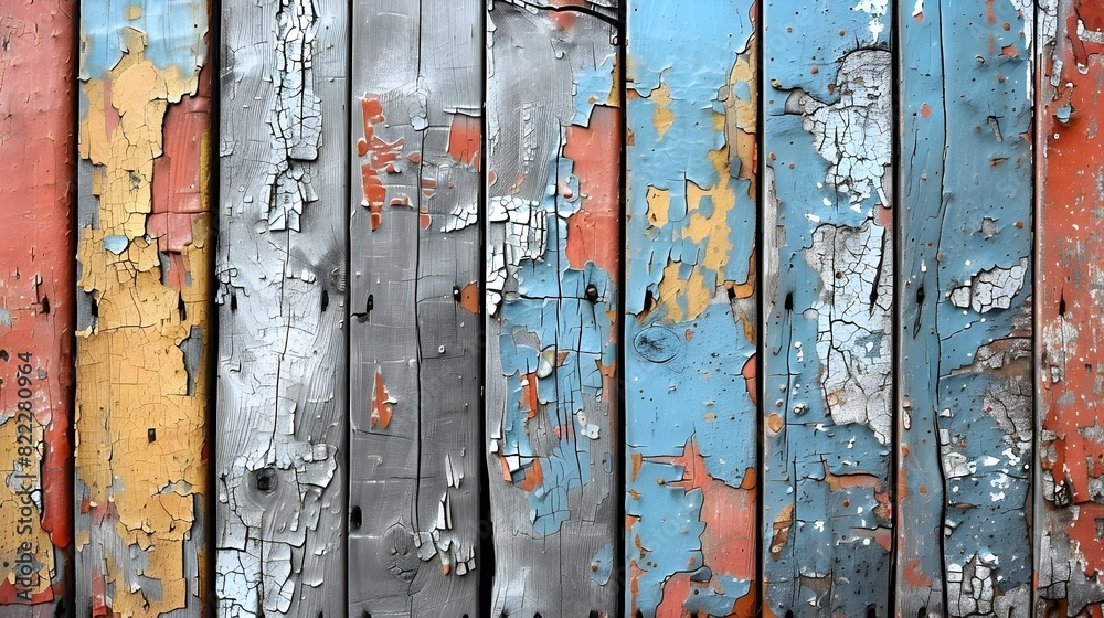 Poster weathered and distressed vintage wooden planks in shades of blue gray and rust for rustic background