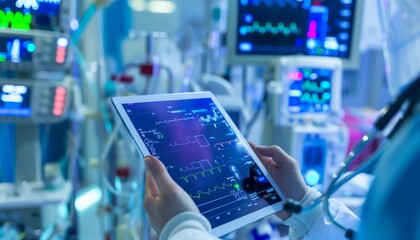Connected Care: Healthcare Professional Monitoring Real-Time Patient Data on Tablet Amid Medical Devices and Digital Records