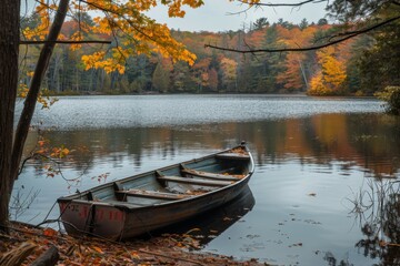 Obraz premium Boat that is sitting on the water in the fall. Autumn background 