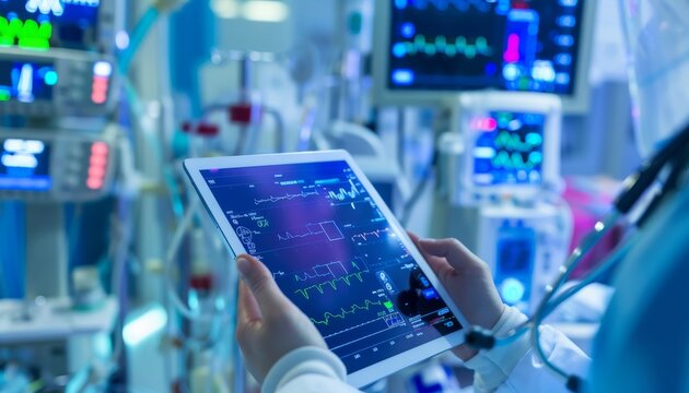 Connected Care: Healthcare Professional Monitoring Real-Time Patient Data on Tablet Amid Medical Devices and Digital Records