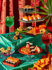 Exotic Sushi Feast with Tropical Cocktails