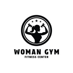 woman gym trainer silhouette logo design concept with dumbell