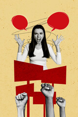 Vertical photo collage of angry activist girl scream people show fist demonstration picket poster...
