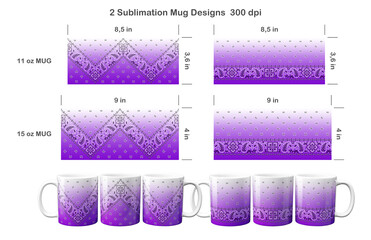 2 purple ombre paisley bandana patterns. Sublimation templates for 11 oz and 15 oz coffee mug. Sublimation illustration.