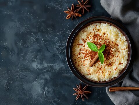 Top view of Portuguese arroz doce with cinnamon, using the rule of thirds, with ample copy space, sweet and creamy, high-quality image
