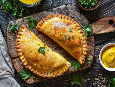 Top view of Portuguese bifanas with mustard, using the rule of thirds, with ample copy space, savory and tangy, high-quality image