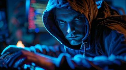 A hacker in a dark room wearing a hoodie is typing on a computer.