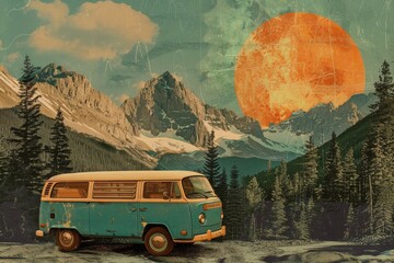 Vintage blue van in mountains. Contemporary art collage. Retro hipster style. Road trip and camping. Adventures and travel suv. Summer vacation and travel concept. Design for banner, poster, postcard