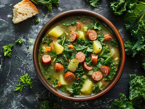 Top view of Portuguese caldo verde with kale and sausage, using the rule of thirds, with ample copy space