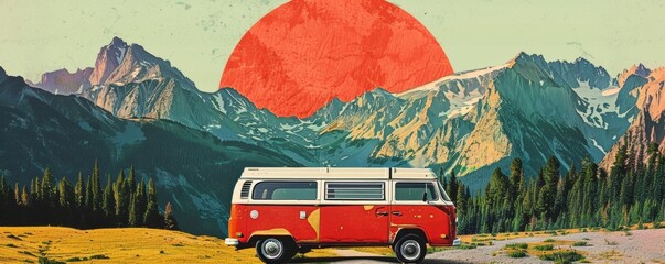 Vintage red van in mountains. Contemporary art collage. Retro hipster style. Road trip and camping. Adventures and travel suv. Summer vacation and travel concept. Design for banner, poster, postcard