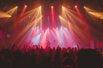 Energetic Crowd Enjoying a Live Concert with Colorful Stage Lighting