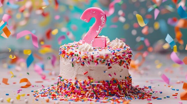 Colorful Second Birthday Cake with Pink Number 2 and Rainbow Sprinkles for Fun Party Celebrations
