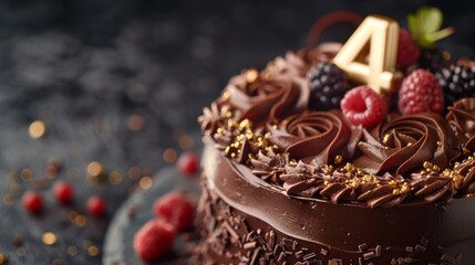 Elegant Chocolate Ganache Cake with Golden Number 4 Adornment for Celebratory Occasions