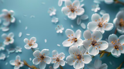 Delicate white cherry blossoms float against a pale blue background. The perfect image for a spring or summer wedding.