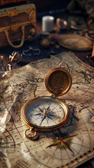 Vintage brass compass on an ancient map with a chest in the background, evoking exploration and...