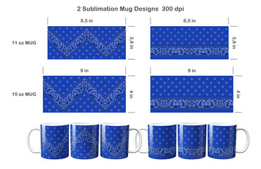 2 blue paisley bandana patterns. Sublimation templates for 11 oz and 15 oz coffee mug. Sublimation illustration.