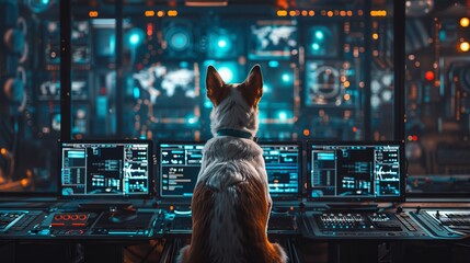 A dog sitting in front of multiple computer screens in a high-tech control room filled with futuristic equipment and glowing displays.