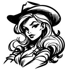 country beauty cowgirl pin-up girl illustration, adorable beautiful pinup woman model wild west, comic book cartoon character, black shape silhouette vector decoration, printing, laser cut engraving