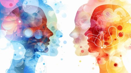 Abstract image featuring watercolor silhouettes of human profiles with visible brain patterns, set against a colorful backdrop, representing creativity and mental processes.