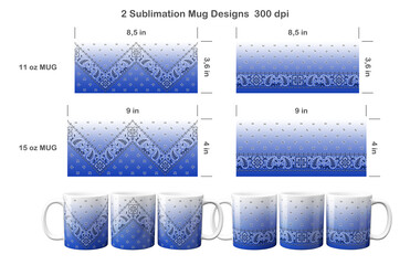 2 blue ombre paisley bandana patterns. Sublimation templates for 11 oz and 15 oz coffee mug. Sublimation illustration.