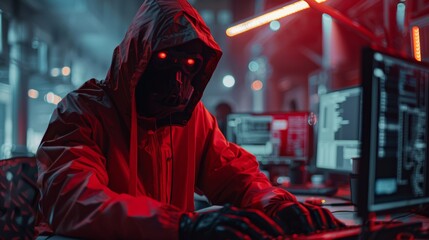 The photo shows a hacker in a red hoodie with glowing red eyes working on a computer