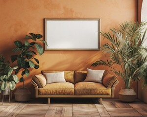 White blank mockup painting on the wall, in the living room, on a terracotta background 
and a sofa with cushions. Minimal modern interior with indoor plants.