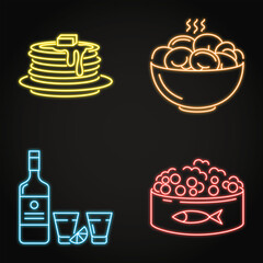 Russian national food neon icon set