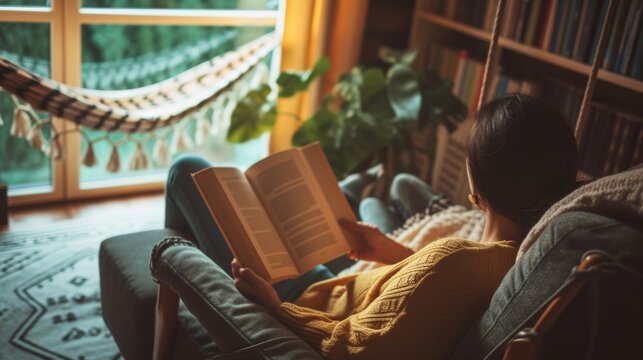 Comfortable reading scene with a young woman engrossed in a book in an armchair, flanked by greenery and natural light.